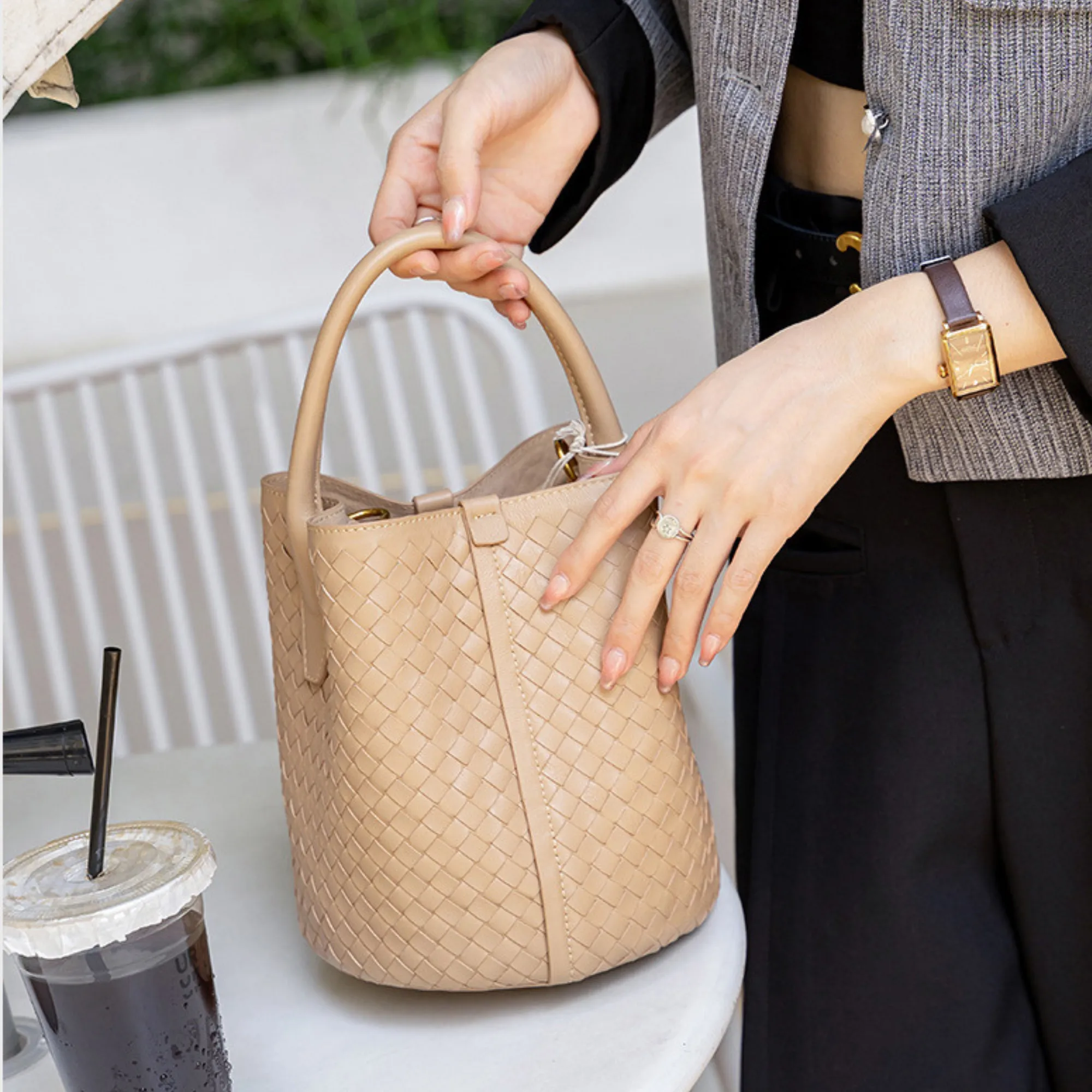 Woven Bucket Bag in Sheepskin Leather